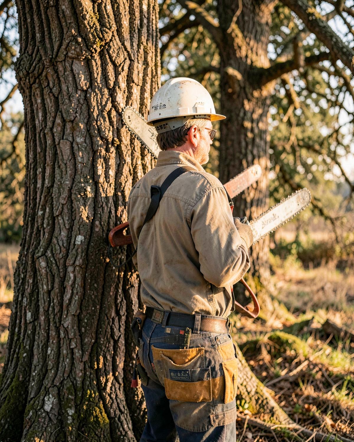Tree care professional at work beside a large tree