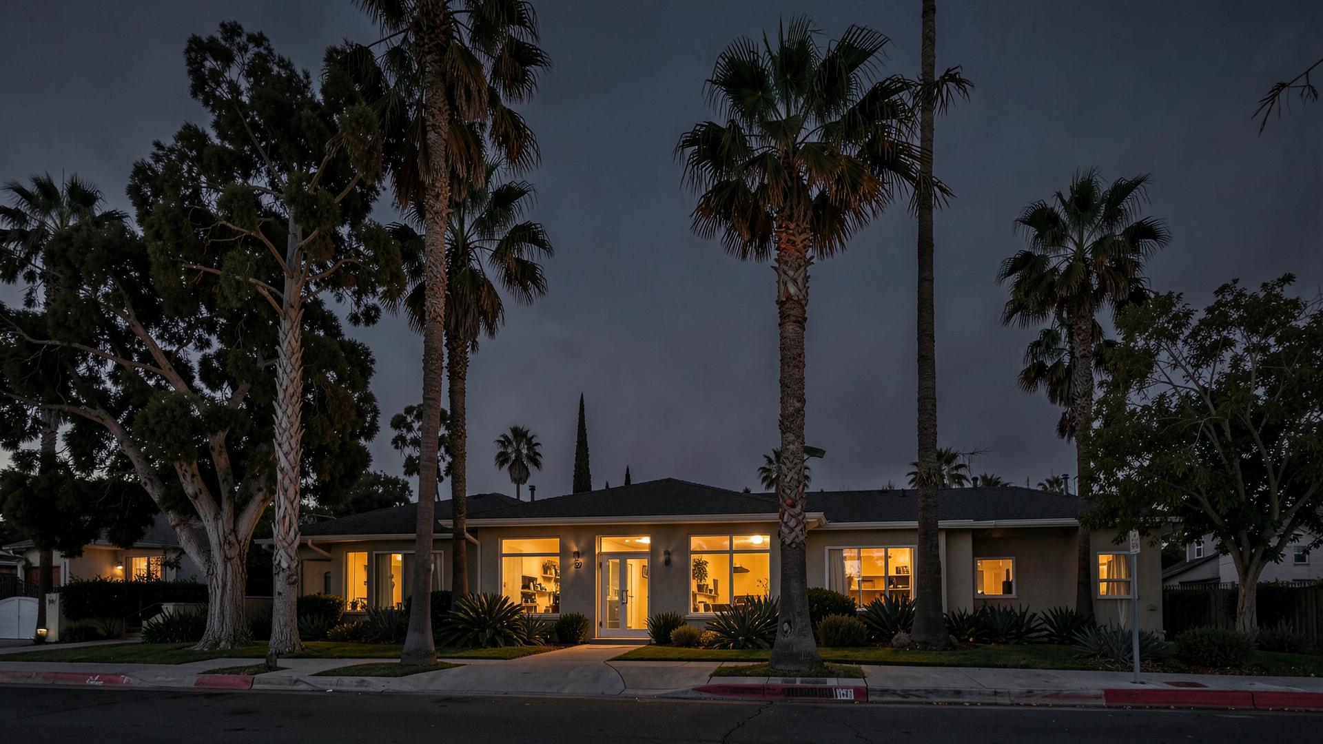 San Diego residential property with tall mature trees and palms at dusk