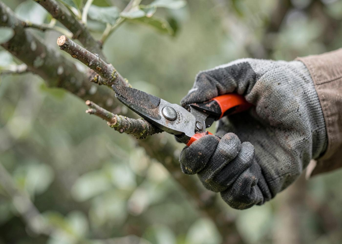 Close view of careful tree pruning with hand shears