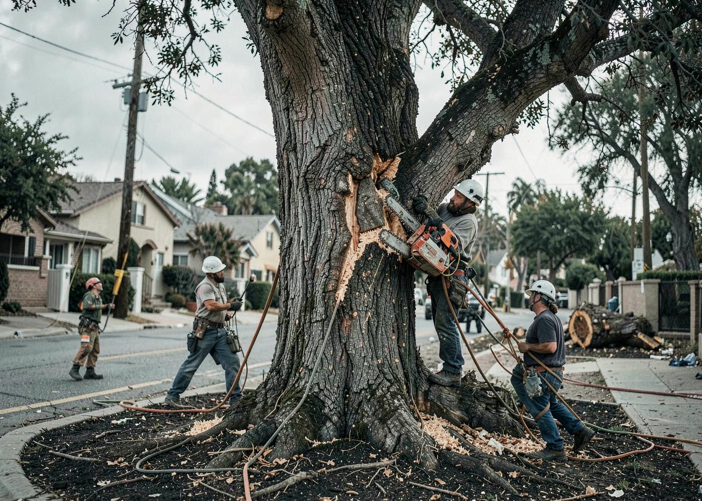 Crew performing a professional tree removal on a residential street
