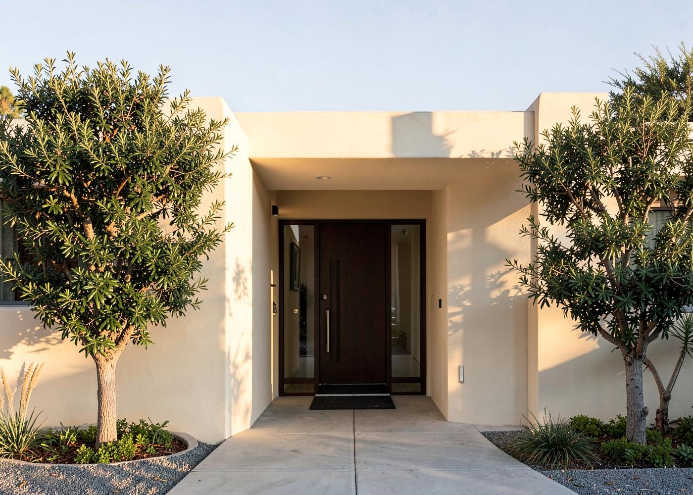 Elegantly shaped trees framing a Southern California home entry