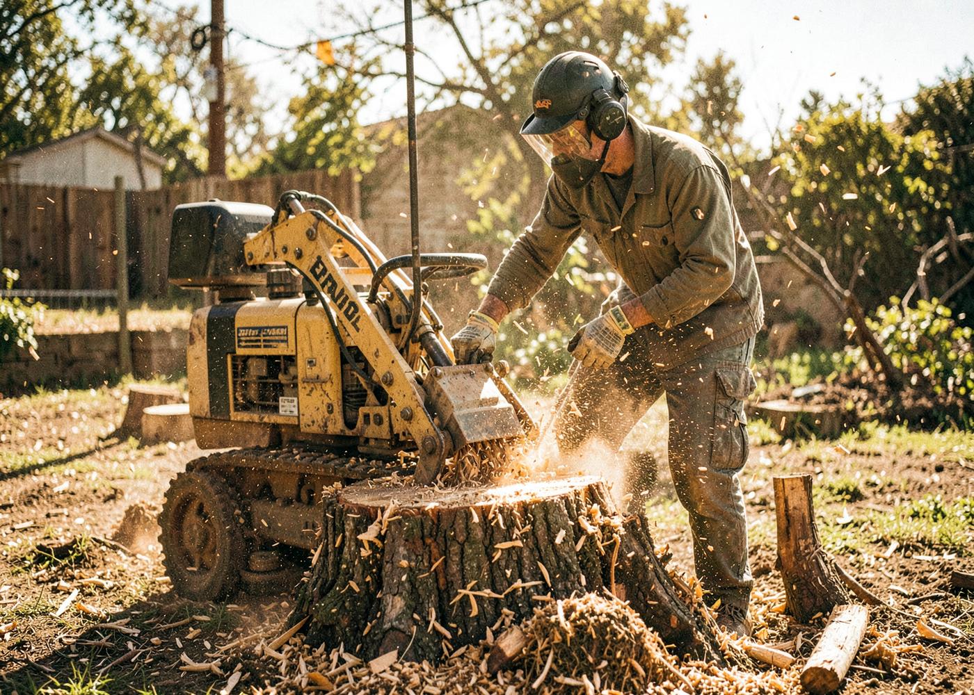 Operator grinding a tree stump in a San Diego backyard
