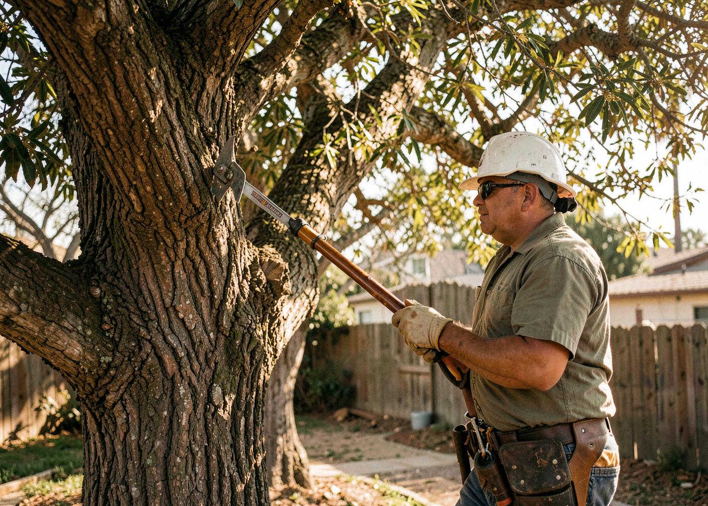 Tree trimming specialist using a pole saw on a mature tree in San Diego