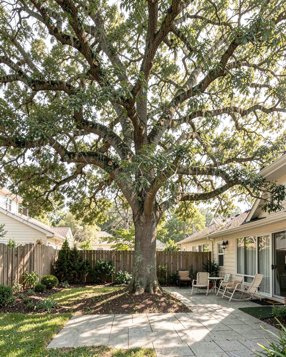 Large oak with a thinned canopy shading a backyard patio