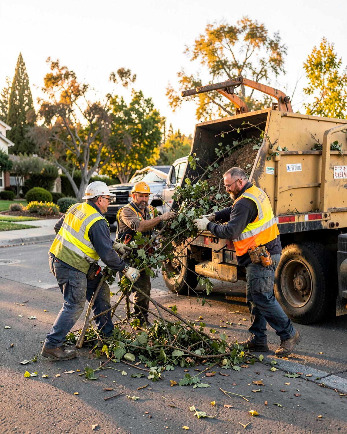 Tree service crew clearing branches into a chipper truck